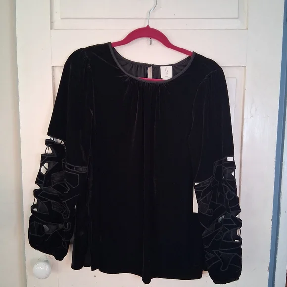 Joie Elegant Black Velvet Blouse with Unique Cutout Sleeves Size L - Picture 2 of 15